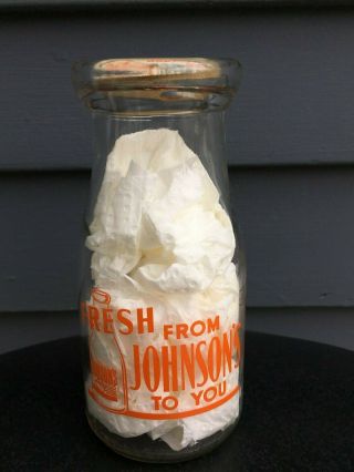 Vintage glass milk cream half pint bottle Johnson ' s Dairy Northwood NH with cap 3