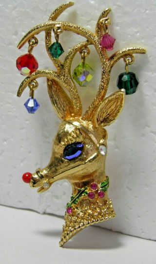 Vintage Mylu Christmas Reindeer Pin Dangling Crystals Rhinestones