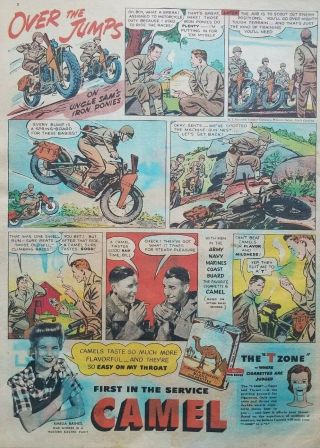 Camel Cigarettes Ww2 Soldiers On Motorcycles Comic Art 1943 Vintage Print Ad