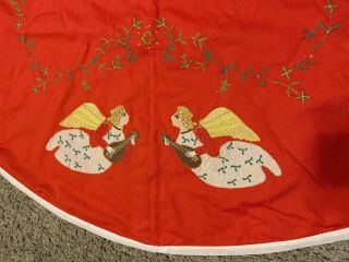 43 " Vintage Embroidered Angels Harps Red Cotton Round Christmas Tree Skirt