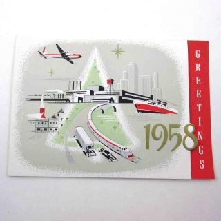 Vintage 1950s Mid Century Christmas Card City Scene Airplane Train Trucks Ship