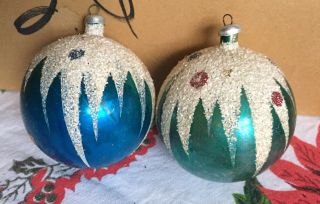 2 Rare Vintage Flocked Glitter Snowcap Mercury Glass Christmas Ornaments 3”