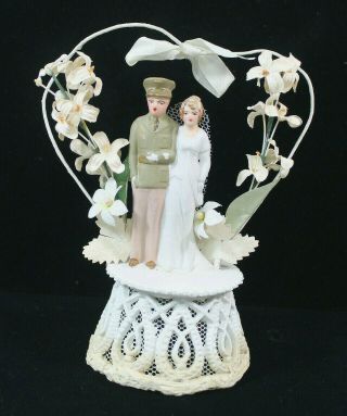 Vintage Ww2 Military Era Bride & Groom Wedding Cake Topper Plaster Soldier Army