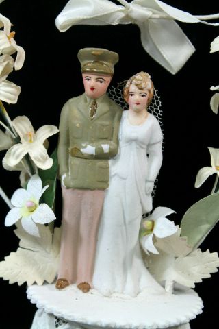 Vintage WW2 Military Era Bride & Groom Wedding Cake Topper Plaster Soldier Army 2