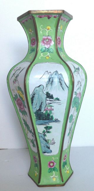 Vintage Chinese Enamel & Brass Hand Painted Scenes Vase 11 " Tall