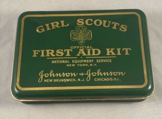 Vintage Girl Scouts Johnson & Johnson First Aid Kit Green Tin Container