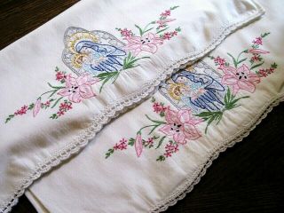 Vintage White Standard Size Pillowcases Floral Embroidery Virgin Mary Baby Jesus