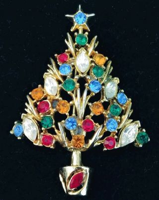 Vintage Christmas Tree Brooch Pin Multicolor Rhinestones Goldtone Large 2 1/2 In