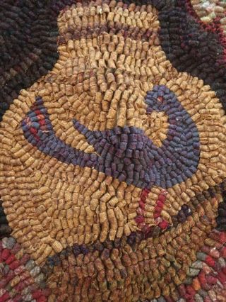Primitive Style Wool Hand Hooked Rug Folk Art Flower Pot Bird 31” X 20” 2