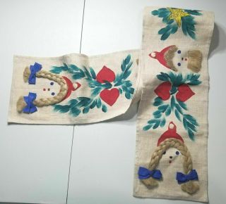 Handpainted Vintage Christmas Candle Table Runner Burlap Style Embellished