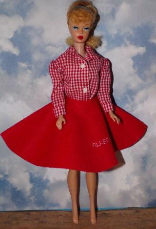Vintage Strawberry Blond Ponytail Barbie Doll,  Red Skirt Gingham Blouse