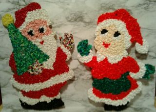 2 Vintage Christmas Melted Plastic Popcorn Wall Decoration Santa & Mrs.  Claus