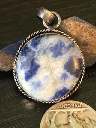 Old Vintage Native American Blue Sodalite Sterling Silver Round Globe Pendant 8g