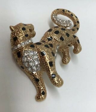 Vintage Signed A&s Attwood Sawyer Leopard Jaguar 2” Pin Goldtone Crystals (1117)