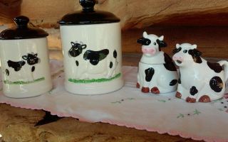 Vintage Porcelain Ceramic Cow Canisters With Cow Sugar And Creamer Set