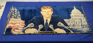 Vintage 1964 Jfk John Kennedy President Cotton Rug Tapestry Wall Art 19 " X 36 "
