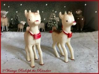 2 Vintage Rudolph The Reindeer Hard Plastic Christmas Tree Ornaments Mid Century