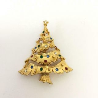 Vintage Signed Jj Rhinestone Christmas Tree Brooch Holiday Pin Gold Tone 9n6