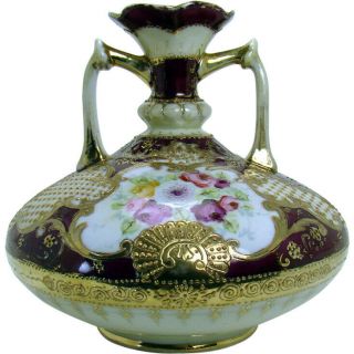 Hand Painted Nippon Porcelain Two - Handled Vase With Roses And Gold Bead - Work