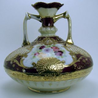 Hand Painted Nippon Porcelain Two - Handled Vase with Roses and Gold Bead - work 3
