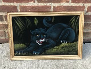Vintage Oil Painting On Velvet Black Panther Wood Frame Hecho En Mexico 20 X 14