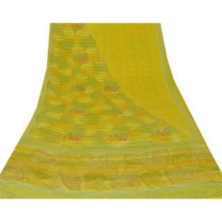 Sanskriti Vintage Green Saree 100 Pure Crepe Silk Printed Sari 5Yd Craft Fabric 3