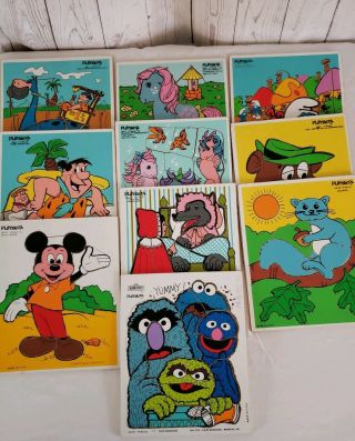 10 Vintage Wooden Puzzle Playskool Sesame Street,  Mickey Mouse,  Flinstones