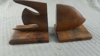 Pair Vintage Hand Carved Wood Book Ends Fish Bermuda Cedar Books Motif