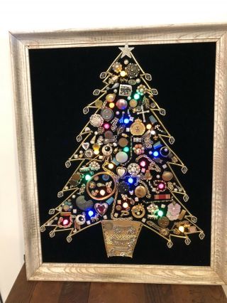 Vintage Lighted Jeweled Christmas Tree Picture On Black Velvet Framed 18”x22”