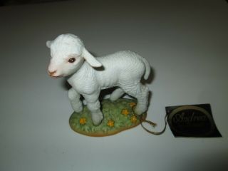 Vintage Andrea By Sadek White Lamb On Grass W/ Flowers 6806 (dated 1983) Figure