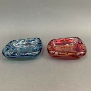 2 Vintage Glass Ashtrays Ash Trays Blue Pink 5 3/4 X 5 X 1 3/8