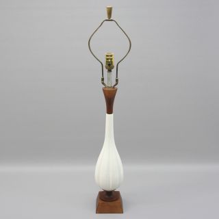 Vintage 32 " Mid Century Danish Modern Light White Ceramic Teak Wood Table Lamp