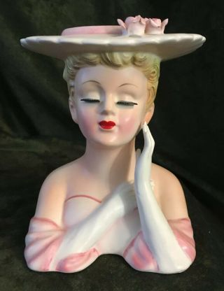 Vintage 1950’s Lefton 6” Lady Head Vase 2705 Pink Strapless Gown,  Label