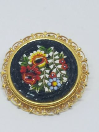 Vintage Micro Mosaic Italian Floral Gold Tone Brooch Pin