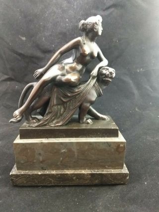 Fine Antique Art Deco Cast Bronze Nude Woman On Lion Doorstop 11