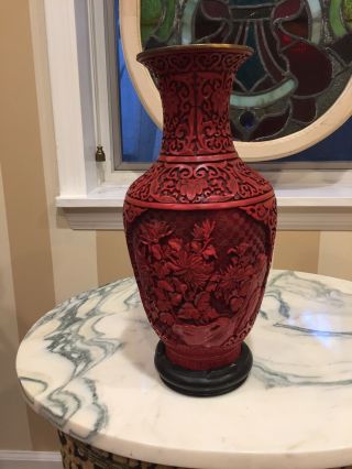 Vintage Chinese Carved Red Cinnabar Lacquer Large 12 " Vase Piece