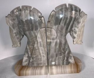 Vintage Mid Century Modern Gray Marble Alabaster Equestrian Horse Bookends Decor