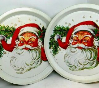 Pair Vintage Plastic Christmas Santa Claus Cookie Serving Tray Plate Platter
