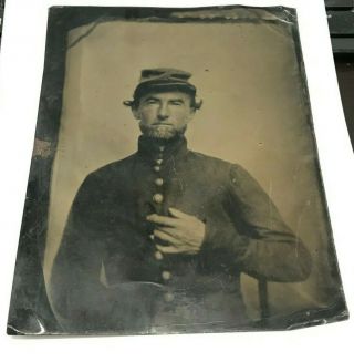 Antique Civil War Full Plate Tin Type Union Solider 8.  5 Inches X 6.  5 Inches