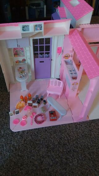 1996 Vintage Barbie Doll House - Folding Pretty Pink House With Accessories