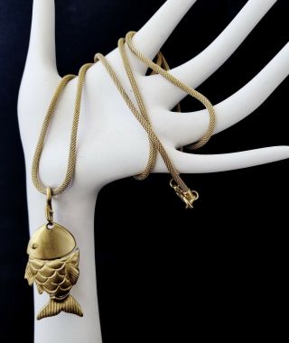 Vintage Necklace Signed Ann Klein Matte Gold Tone Snake Chain Fish Pendant