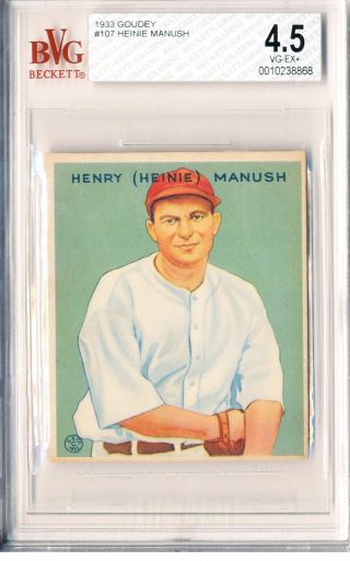 Heinie Manush 1933 Goudey Rookie Card Rc 107 Beckett Bgs Bvg 4.  5 Vg - Ex,