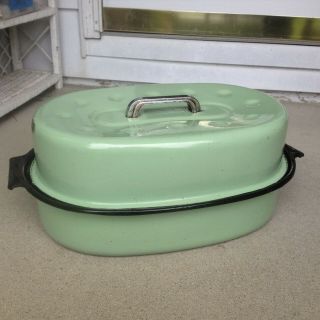 Vintage Oven Roasting Pan With Lid Green/black Turkey/ham Roaster Pan Oval 16 " L