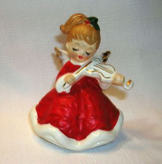 Vintage Lefton Christmas Angel Play Violin Fiddle 7074 Red Dress Foil Label