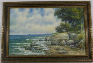 Antique Pastel Painting Great Lakes Shoreline By J.  W.  Clarke Listed