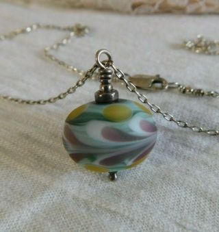 Vintage Sterling Silver 925 Art Glass Bead Pendant Necklace Signed 925