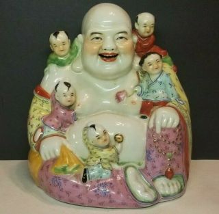 Vintage Chinese Porcelain Happy Laughing Buddha W/ Children Figure Statue 8.  25 "