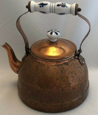 Vintage Copper Tea Pot Kettle Porcelain Handle And Knob Blue And White