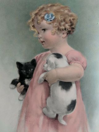 1937 215 Bessie Pease Gutmann Print Friendly Enemies - Girl Holding Cat And Dog