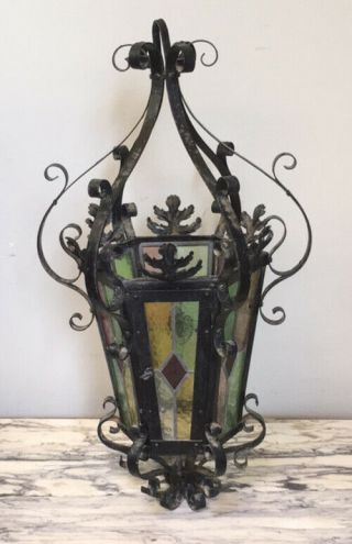 French Antique Gothic Iron And Stained Glass Hall / Porch Lantern